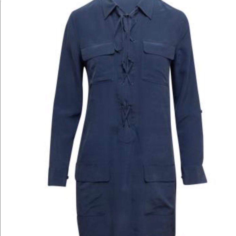EUC EQUIPMENT Knox Long Sleeve Button Up Dress Navy Blue w Pockets 100% silk - Picture 5 of 9